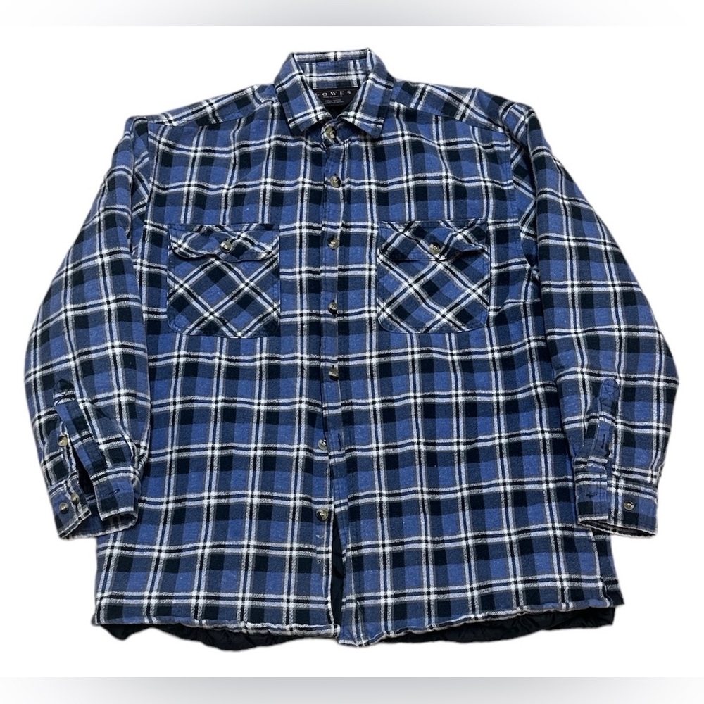 Lowes Button Up Flannel Shirt Men’s S Blue Black Plaid Pocket Casual Outdoor